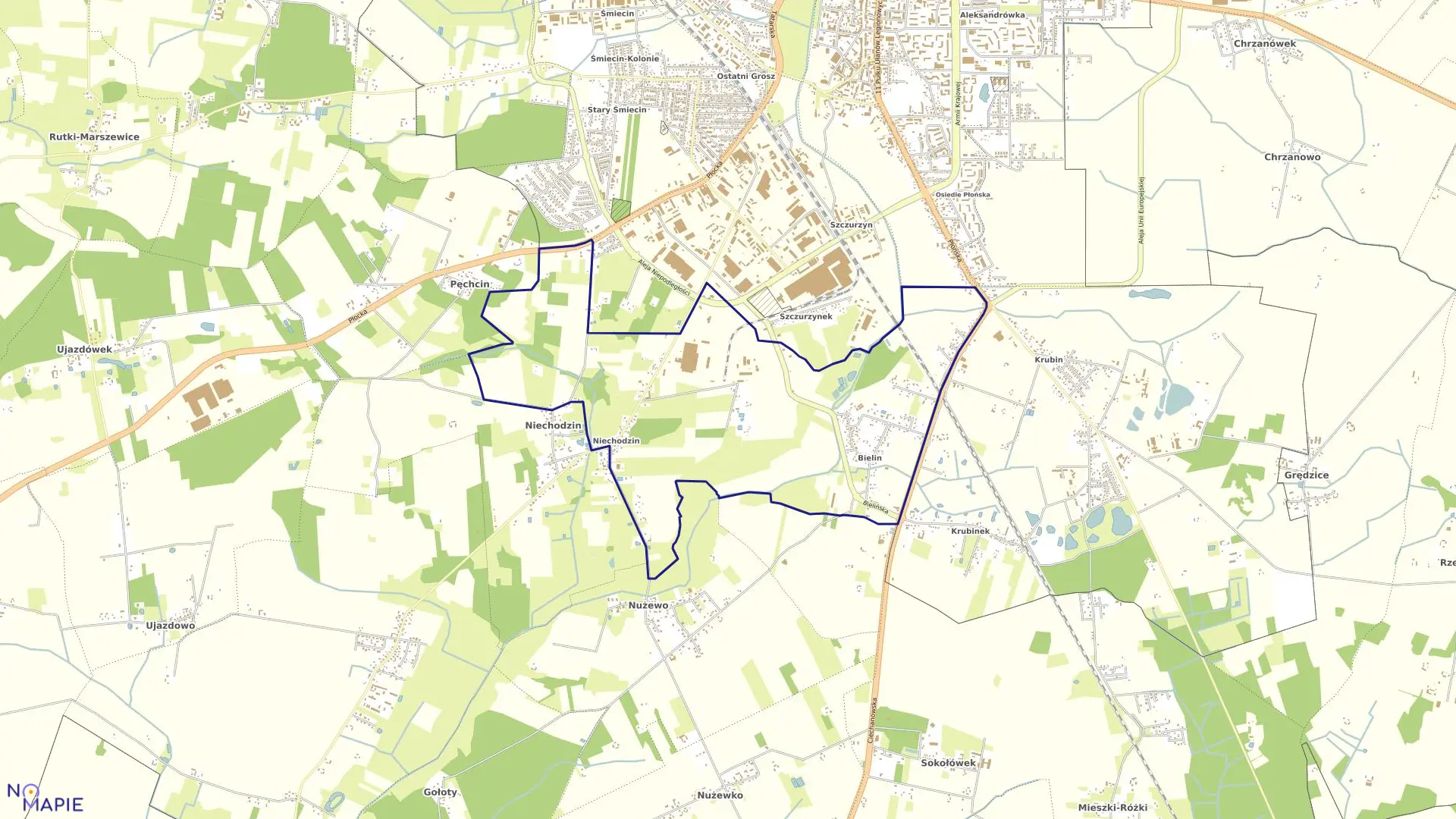 Mapa obrębu NIECHODZIN-BIELIN w mieście Ciechanów