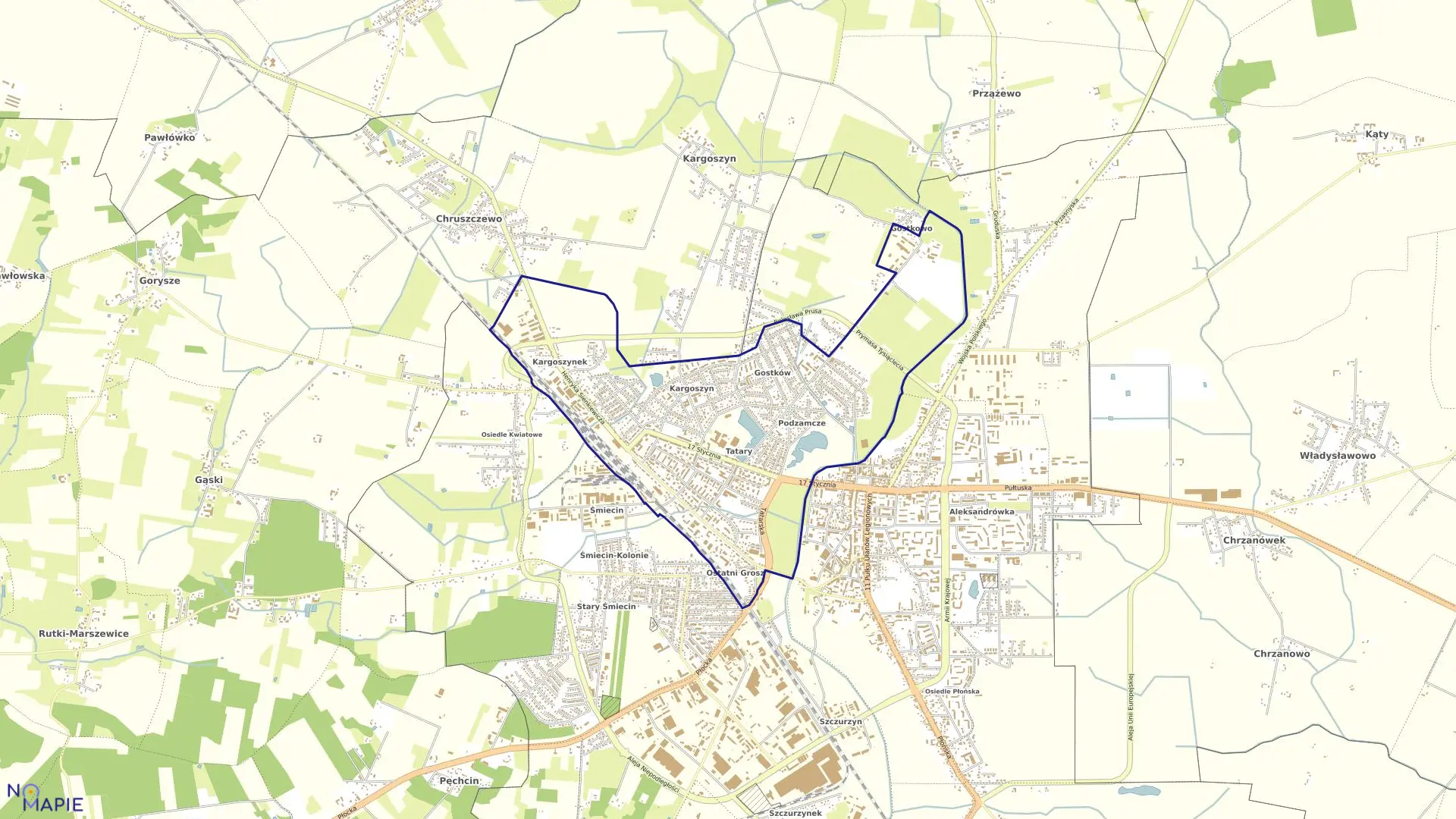 Mapa obrębu PODZAMCZE w mieście Ciechanów